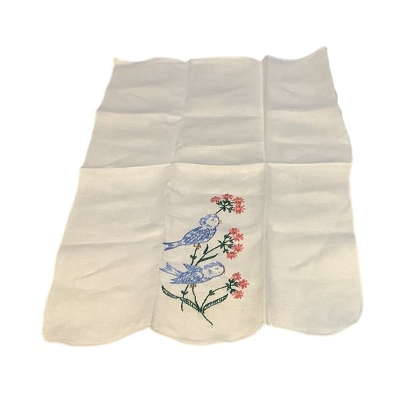 Vintage Linen Napkin Cross Stitch Embroidered Cream Floral Blue Jays 18" x 12" - Picture 3 of 9